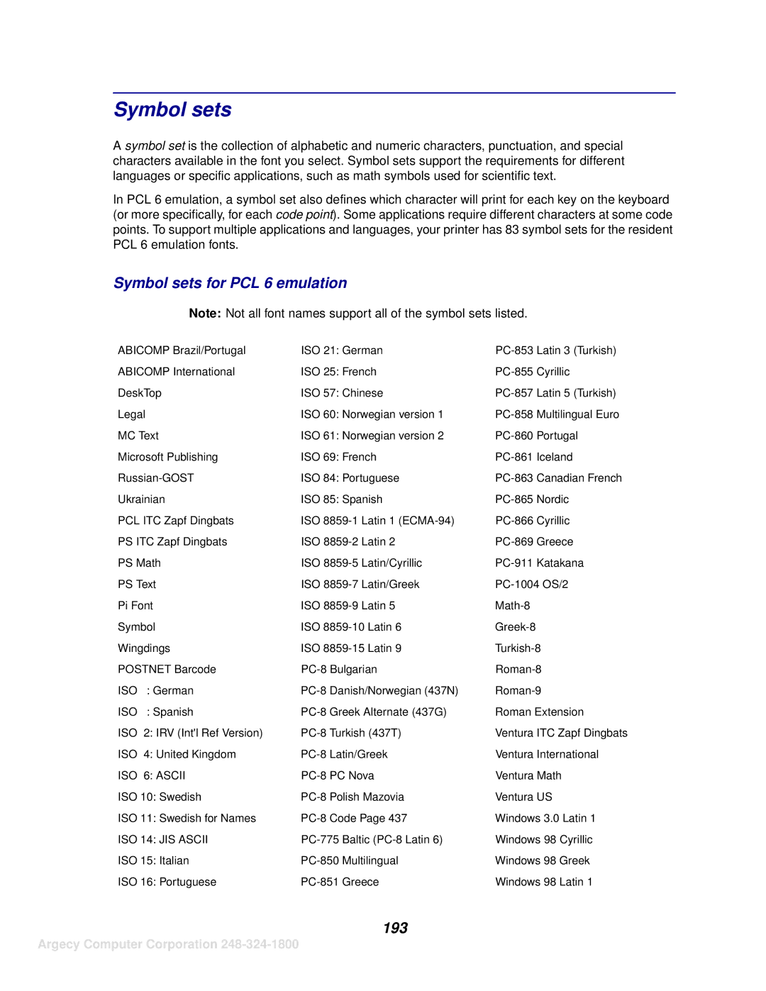 IBM 1120, 1125 manual Symbol sets for PCL 6 emulation, 193 