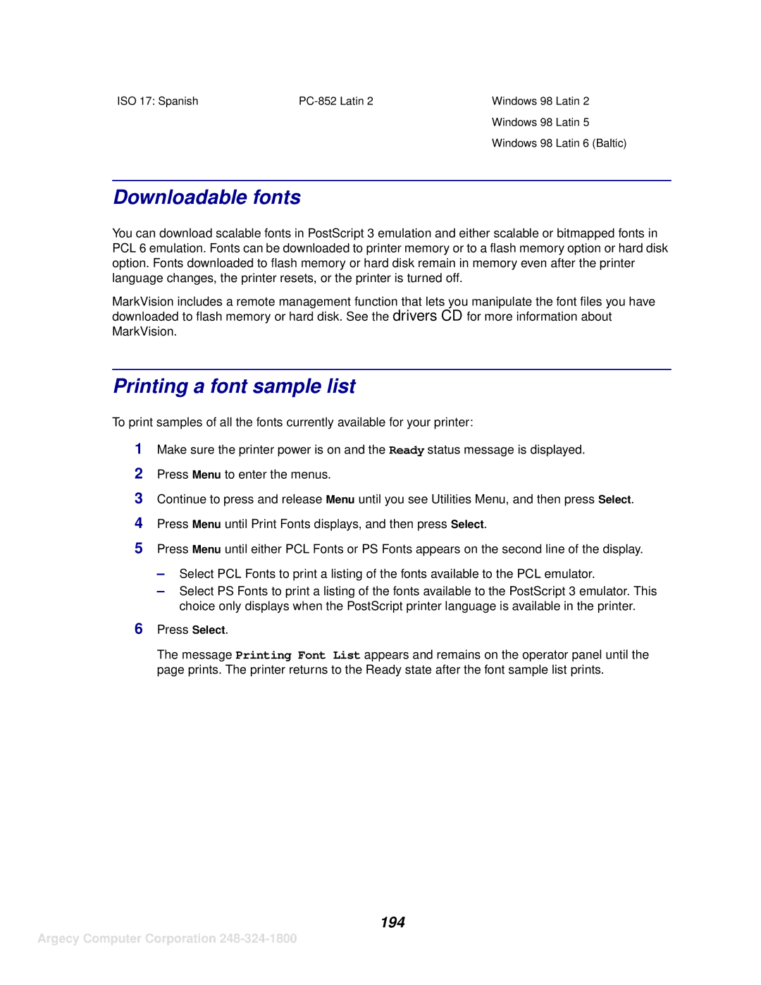 IBM 1125, 1120 manual Downloadable fonts, Printing a font sample list, 194 