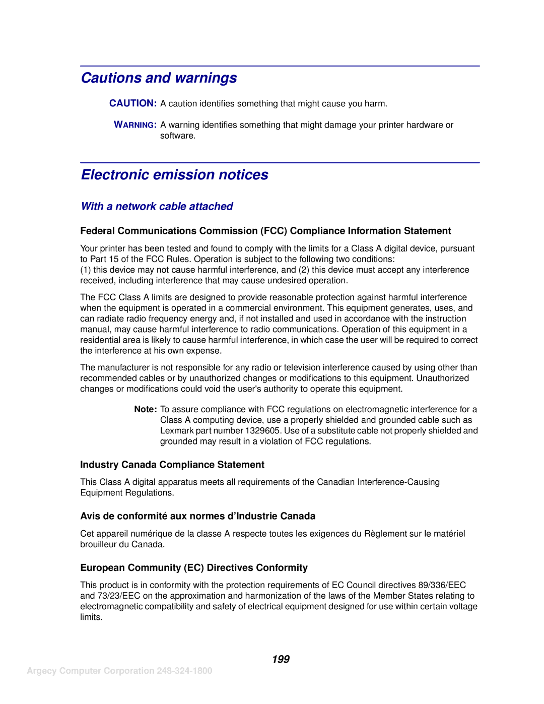 IBM 1120, 1125 manual Electronic emission notices, With a network cable attached, 199 