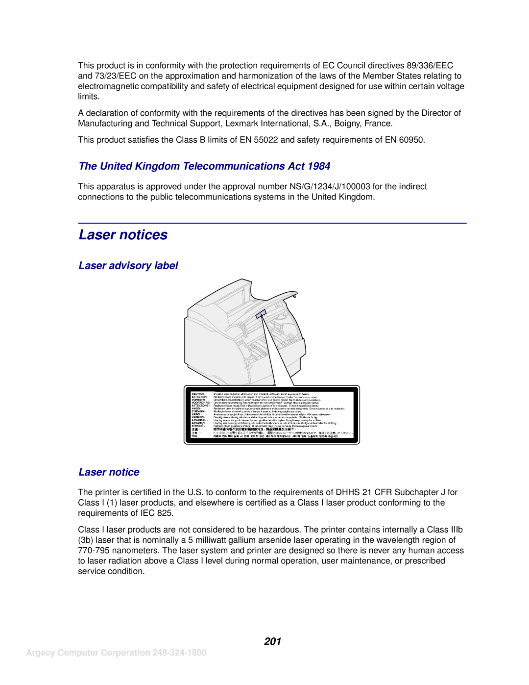 IBM 1120, 1125 manual Laser notices, United Kingdom Telecommunications Act, Laser advisory label Laser notice, 201 