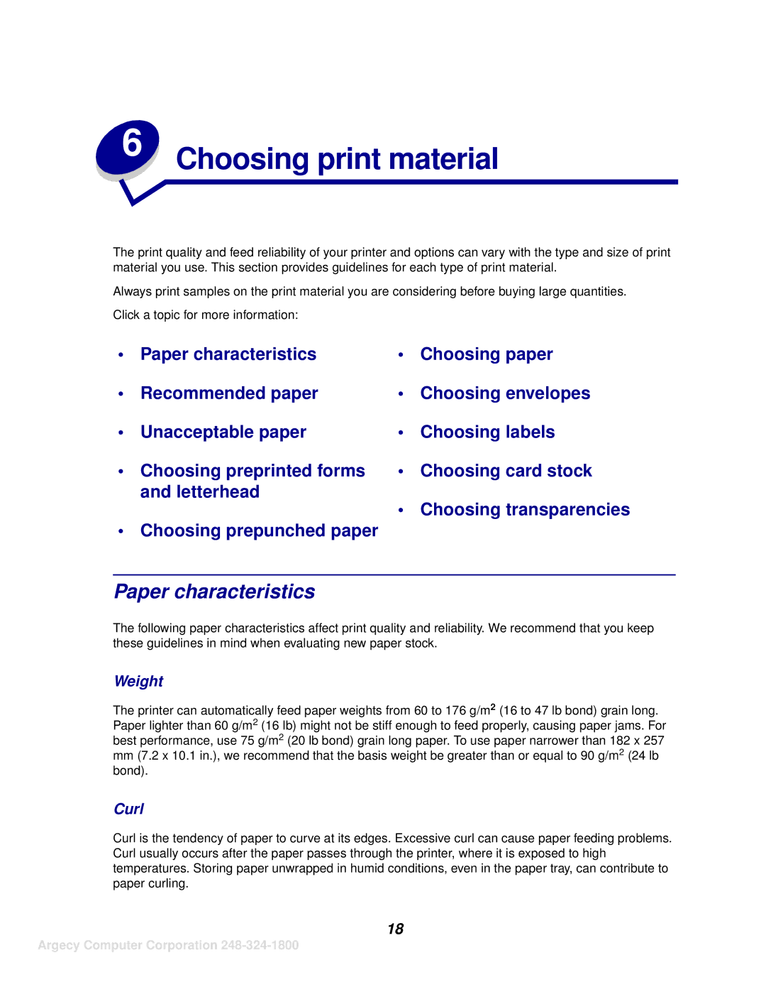 IBM 1125, 1120 manual Choosing print material, Paper characteristics, Weight, Curl 