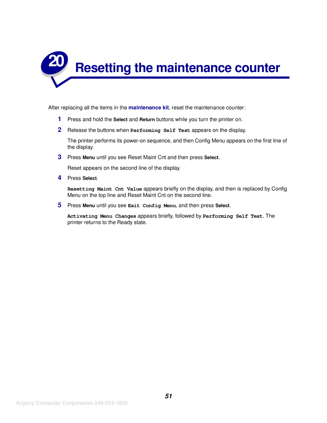 IBM 1120, 1125 manual Resetting the maintenance counter 