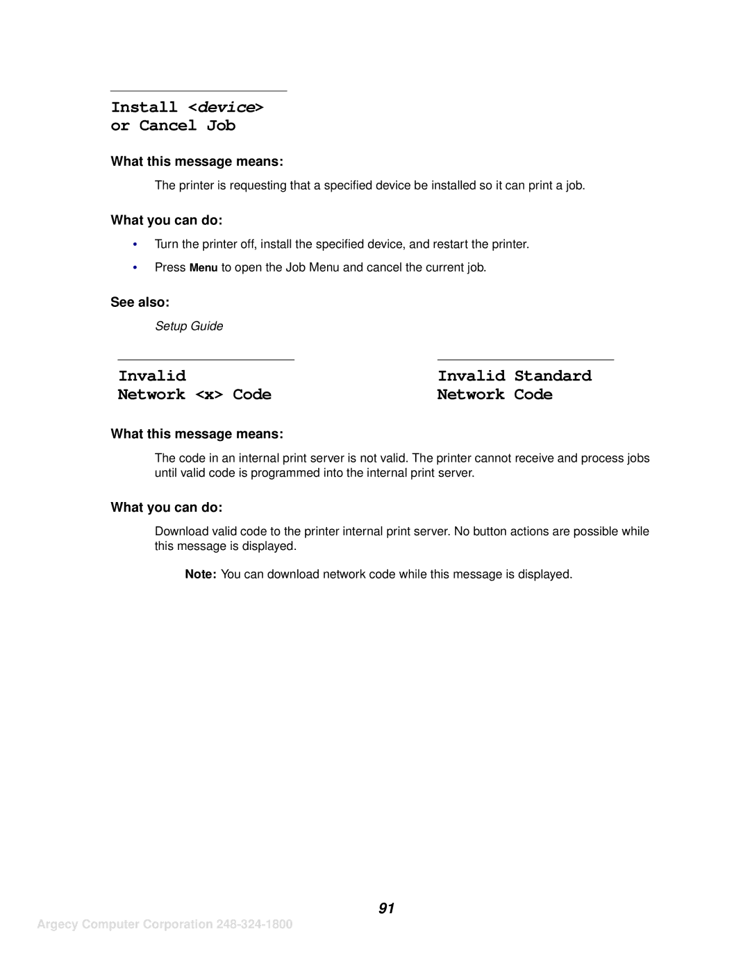 IBM 1120, 1125 manual Invalid, Network x Code 