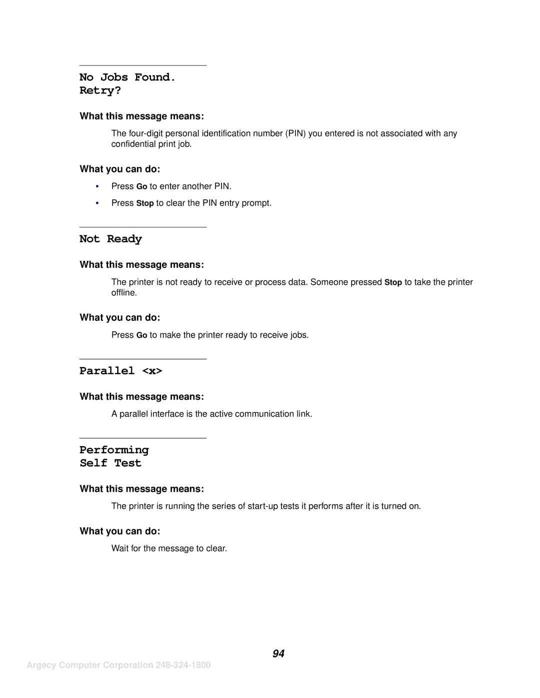 IBM 1125, 1120 manual No Jobs Found Retry?, Not Ready, Parallel, Performing Self Test 
