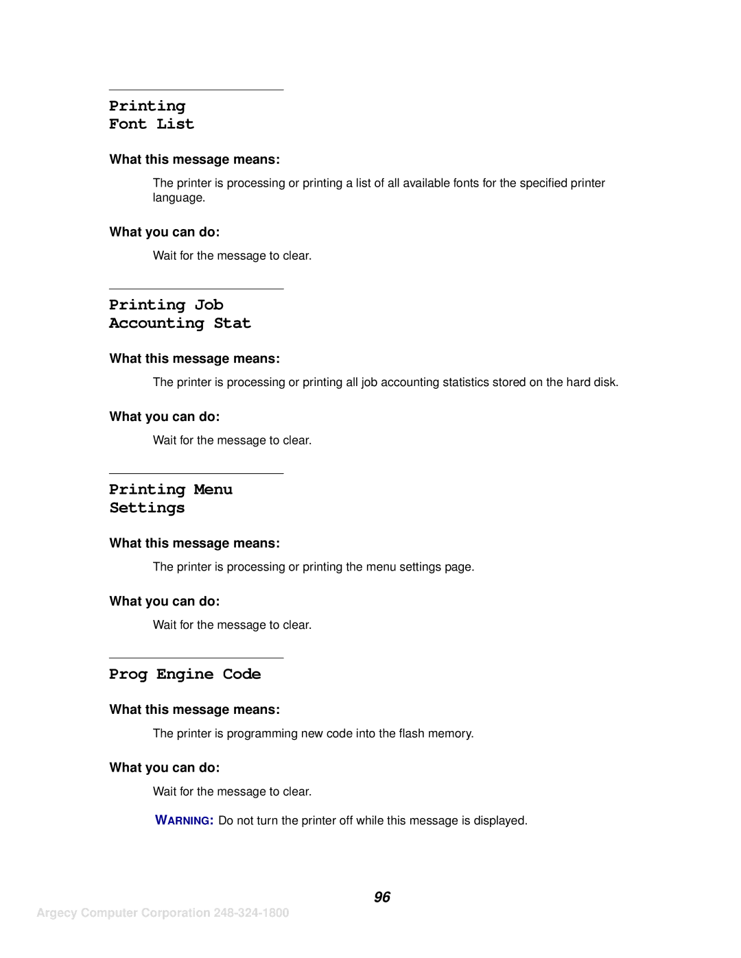 IBM 1125, 1120 manual Printing Font List, Printing Job Accounting Stat, Printing Menu Settings, Prog Engine Code 