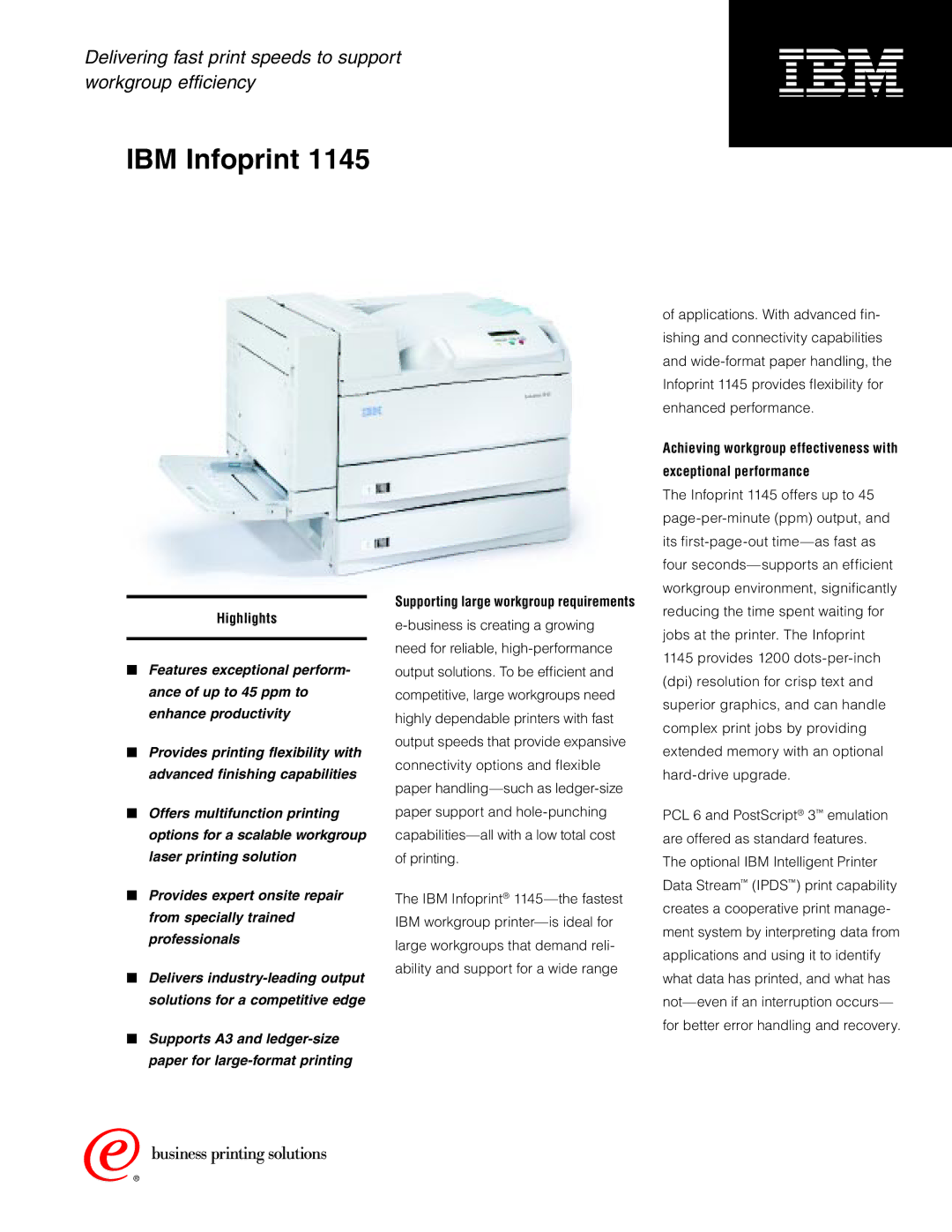 IBM 1145 manual IBM Infoprint, Highlights 