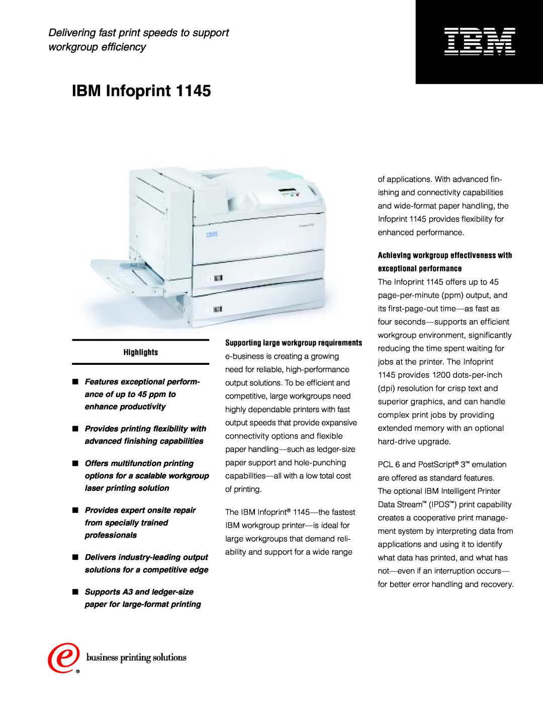 IBM 1145 manual Highlights, Achieving workgroup effectiveness with exceptional performance, IBM Infoprint 