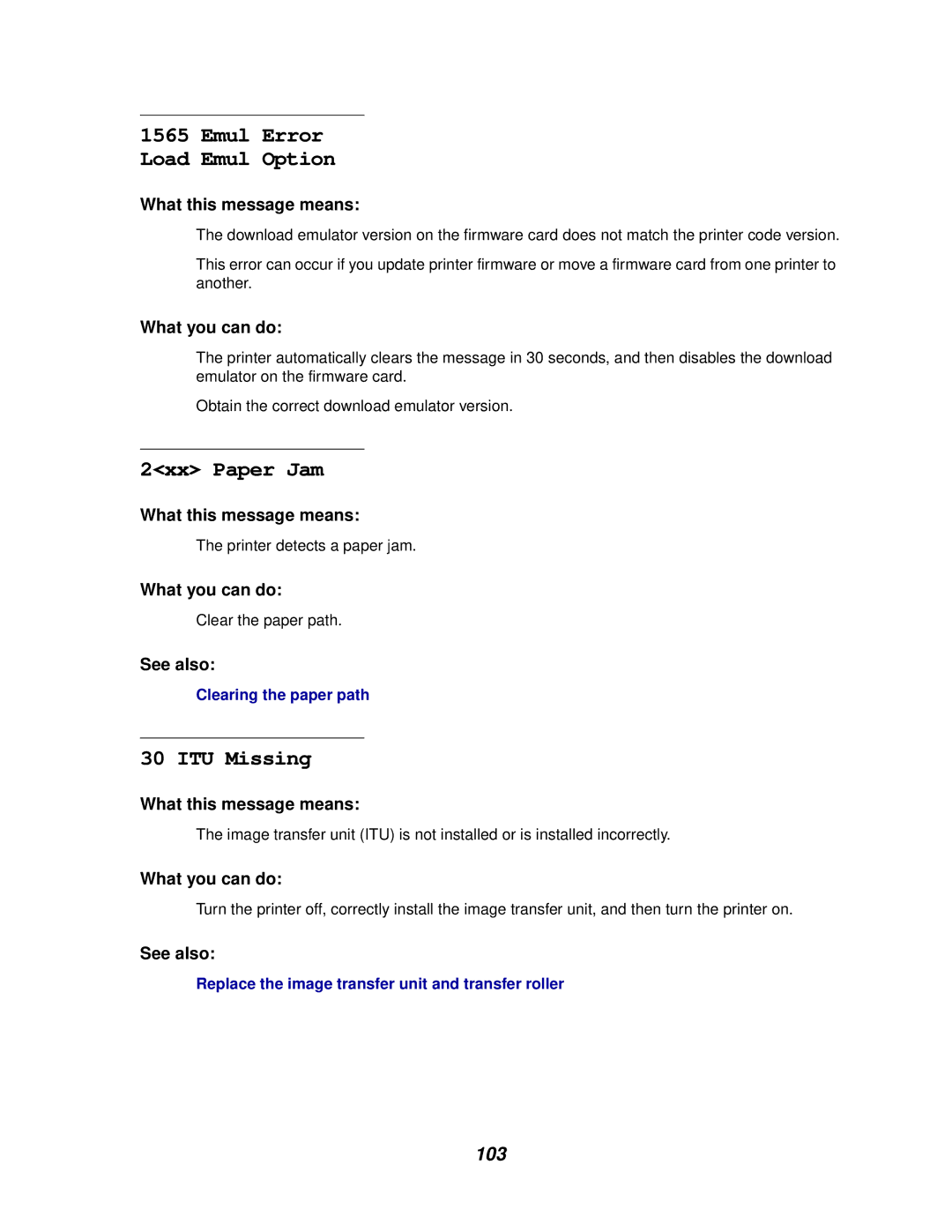 IBM 1220 manual Emul Error Load Emul Option, 2xx Paper Jam, ITU Missing, 103 