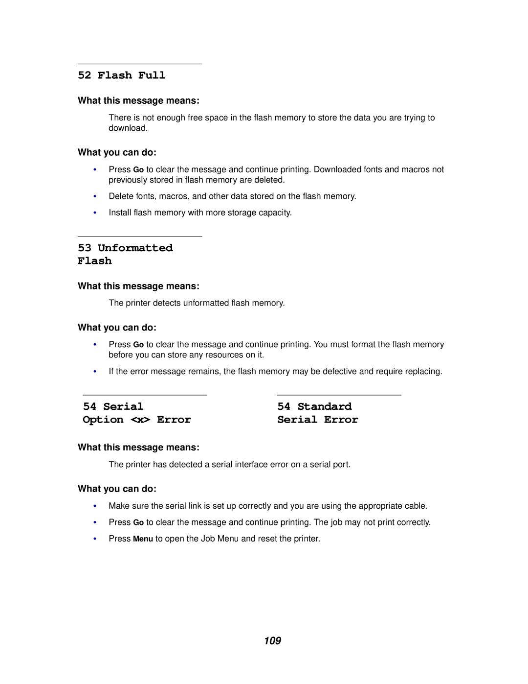 IBM 1220 manual Flash Full, Unformatted Flash, Serial Standard Option x Error, 109 