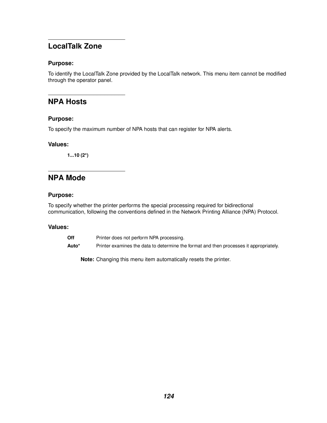 IBM 1220 manual LocalTalk Zone, NPA Hosts, NPA Mode, 124, Off 