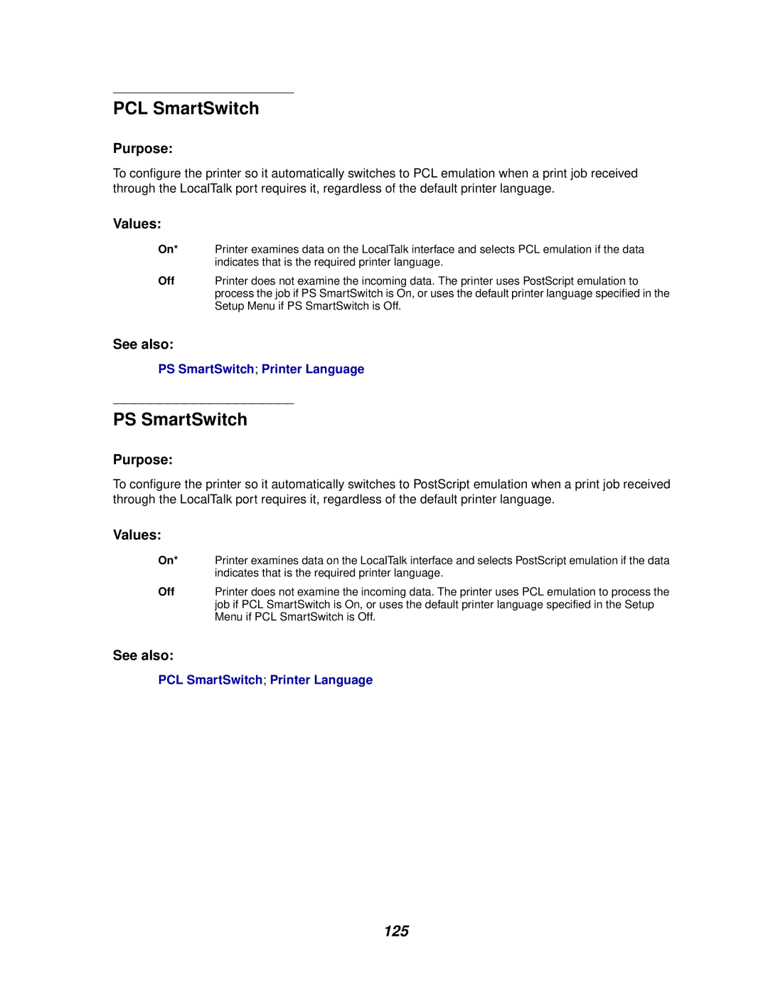 IBM 1220 manual PCL SmartSwitch, PS SmartSwitch, 125 