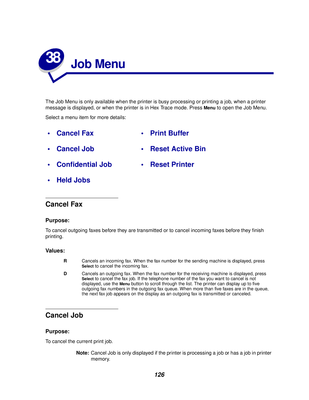 IBM 1220 manual Job Menu, Cancel Fax, Cancel Job, 126 