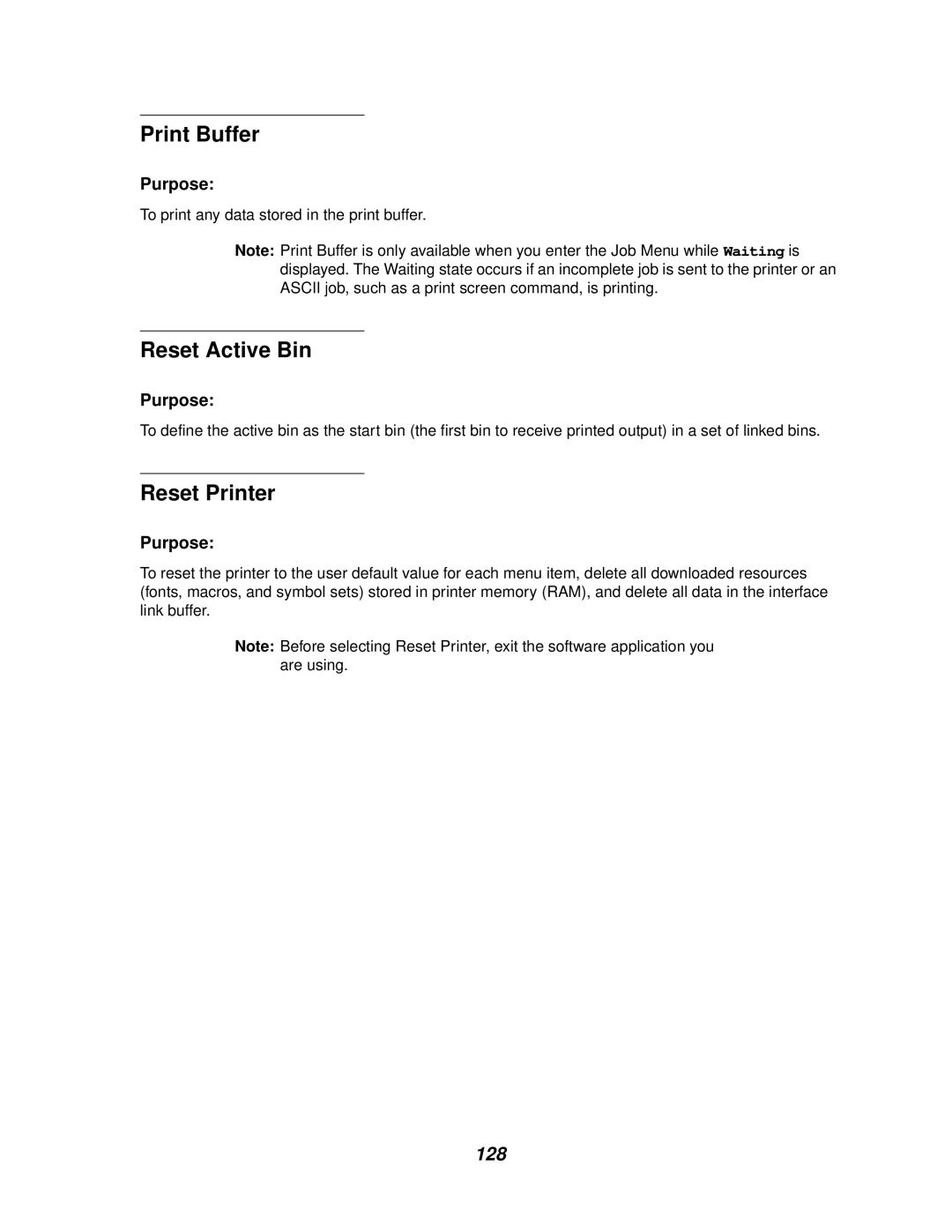 IBM 1220 manual Print Buffer, Reset Active Bin, Reset Printer, 128 