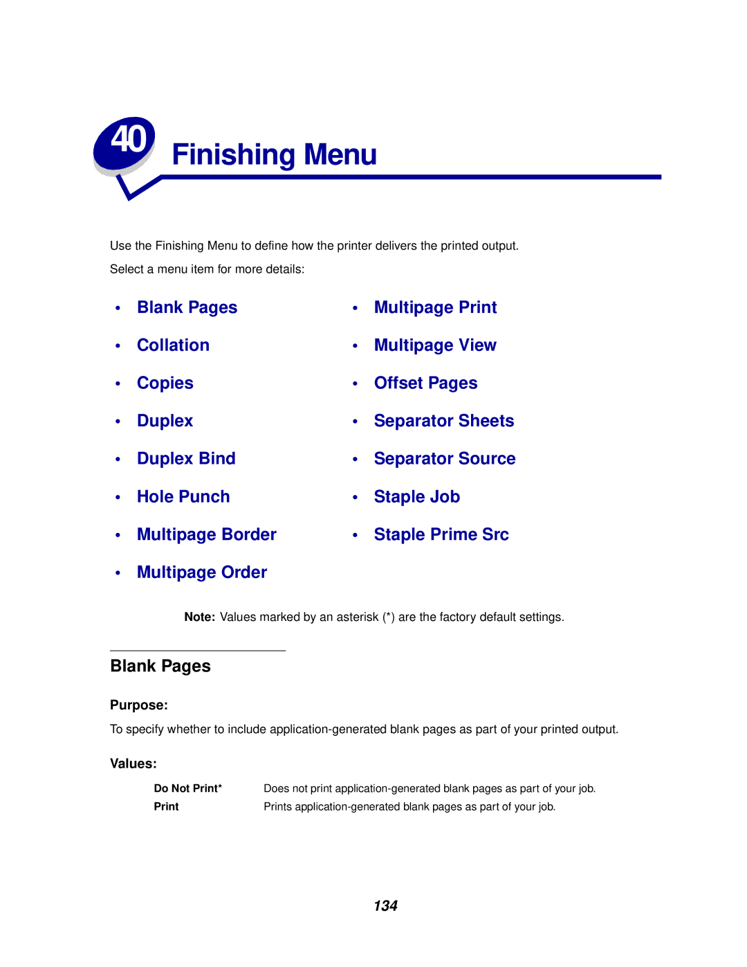 IBM 1220 manual Finishing Menu, Blank Pages, 134, Do Not Print 