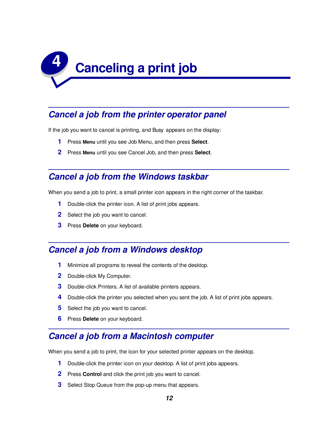 IBM 1220 manual Cancel a job from the printer operator panel, Cancel a job from the Windows taskbar 