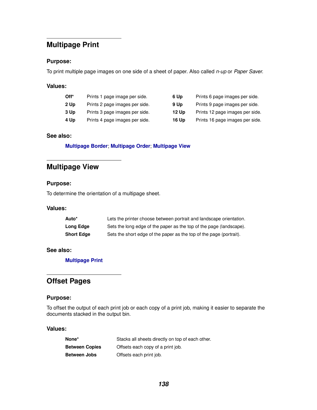 IBM 1220 manual Multipage Print, Multipage View, Offset Pages, 138 