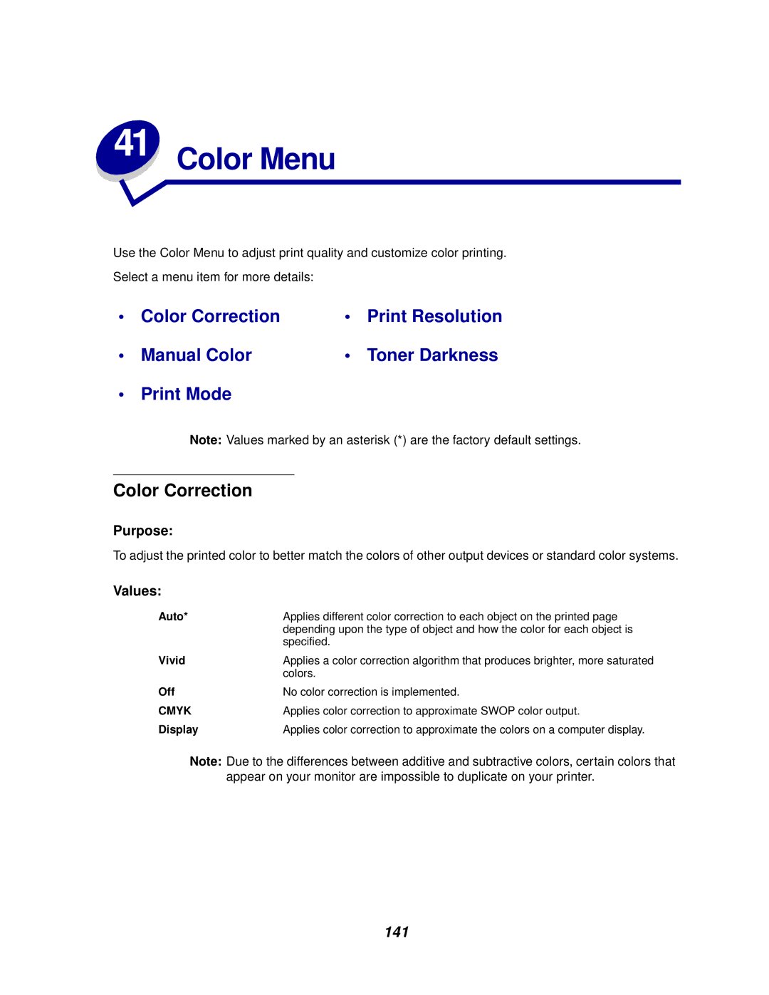 IBM 1220 manual Color Menu, Color Correction, 141, Vivid, Display 