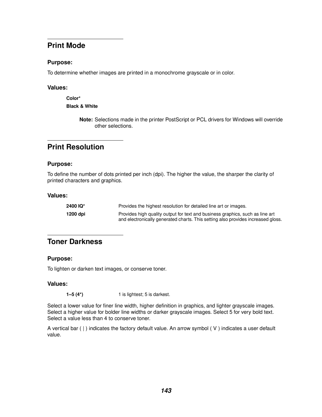 IBM 1220 manual Print Mode, Print Resolution, Toner Darkness, 143, Color Black & White 