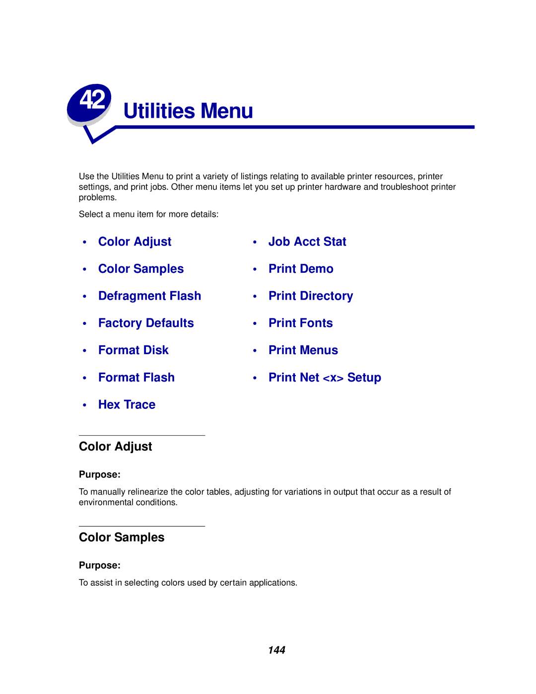 IBM 1220 manual Utilities Menu, Color Adjust, Color Samples, 144 