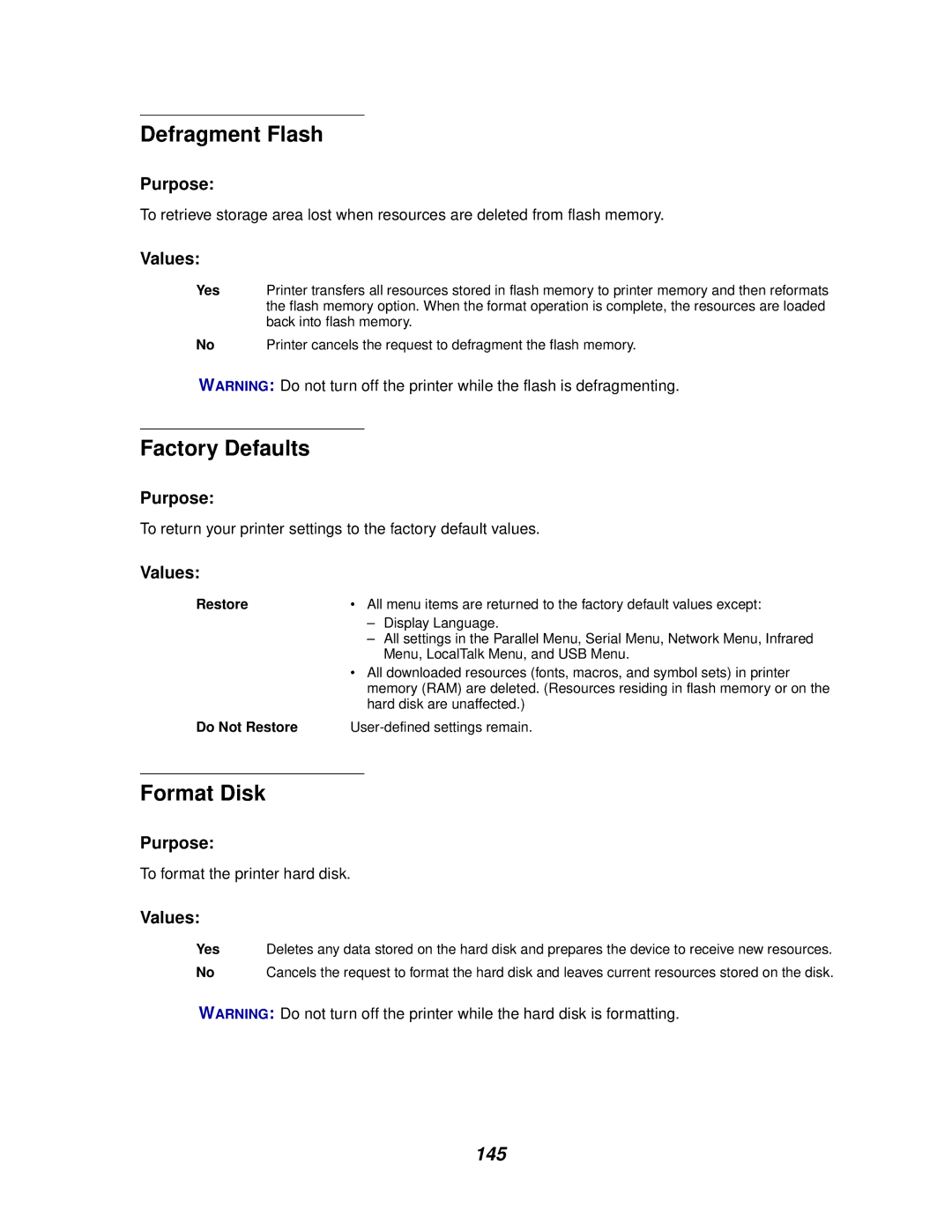 IBM 1220 manual Defragment Flash, Factory Defaults, Format Disk, 145 