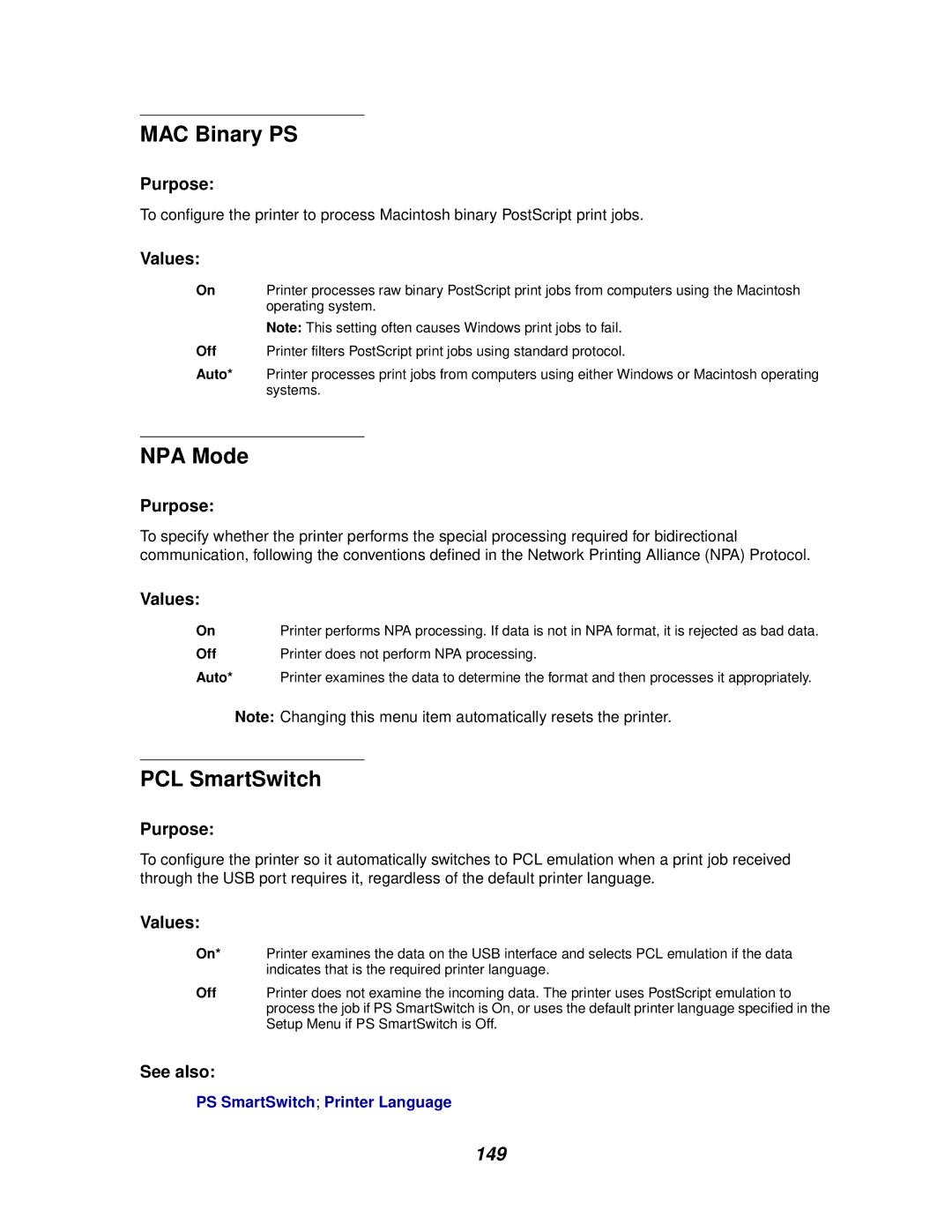 IBM 1220 manual MAC Binary PS, 149, Off Printer does not perform NPA processing Auto 