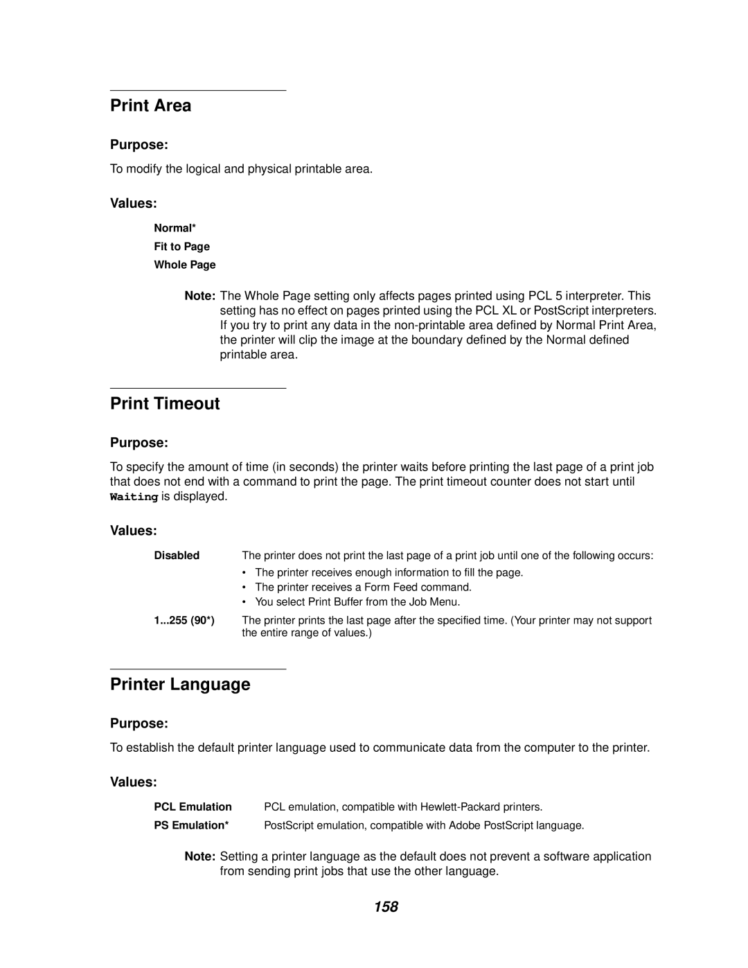 IBM 1220 manual Print Area, Print Timeout, Printer Language, 158, Normal Fit to Whole 