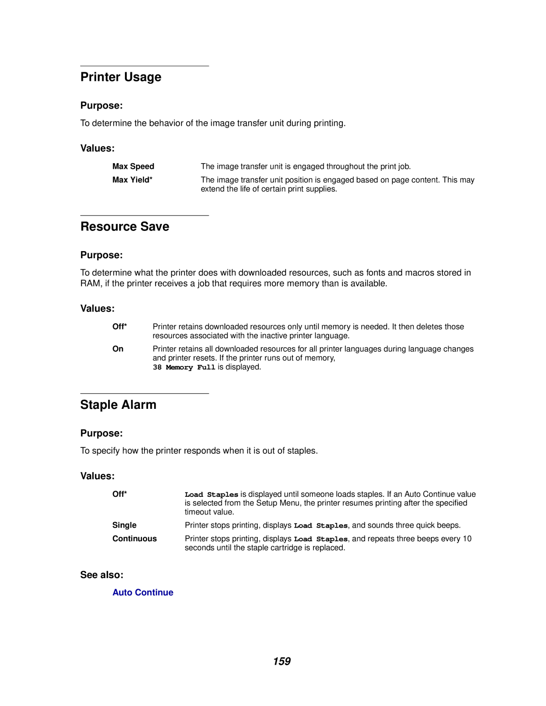 IBM 1220 manual Printer Usage, Resource Save, Staple Alarm, 159, Extend the life of certain print supplies 