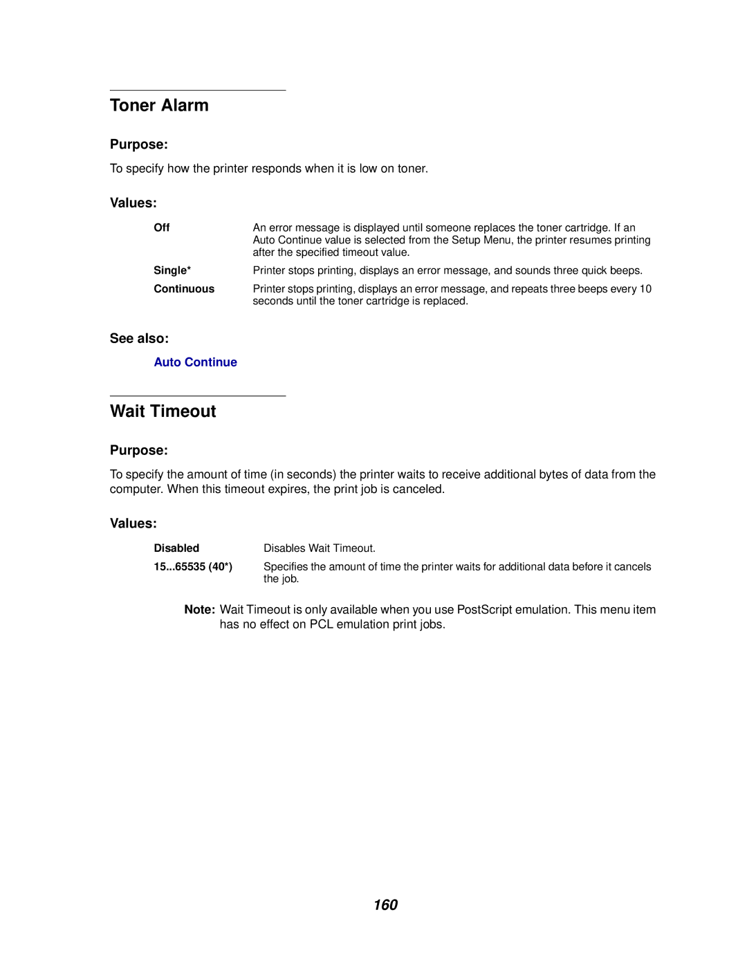 IBM 1220 manual Toner Alarm, Wait Timeout, 160 