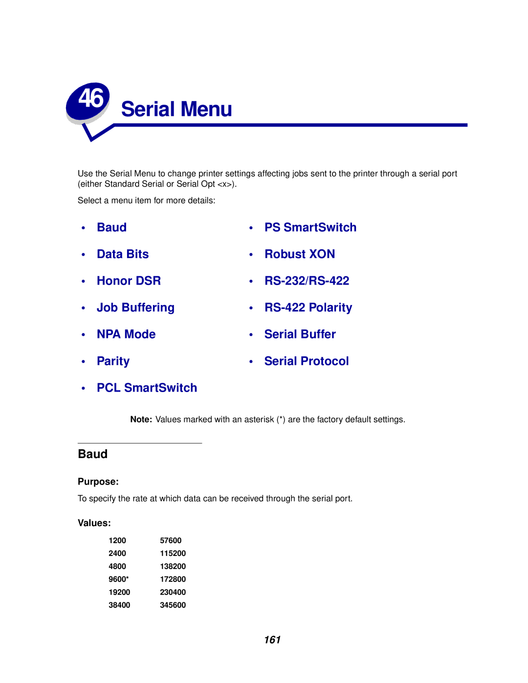 IBM 1220 manual Serial Menu, Baud, 161, 120057600 2400115200 4800138200 9600 19200 38400 