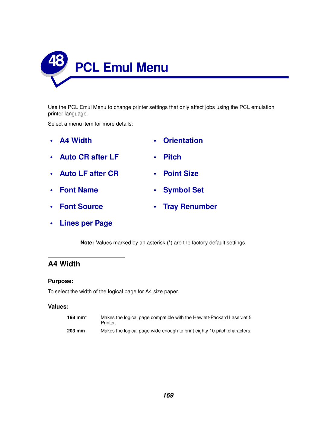 IBM 1220 manual PCL Emul Menu, A4 Width, 169 