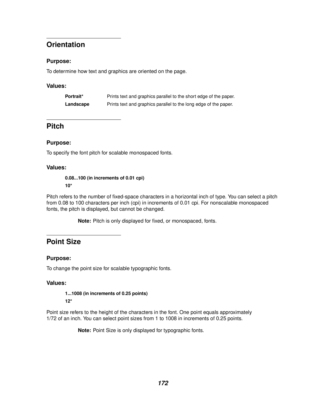 IBM 1220 manual Orientation, Pitch, Point Size, 172 