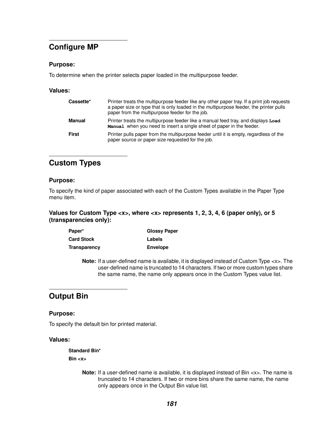 IBM 1220 manual Configure MP, Custom Types, Output Bin, 181 