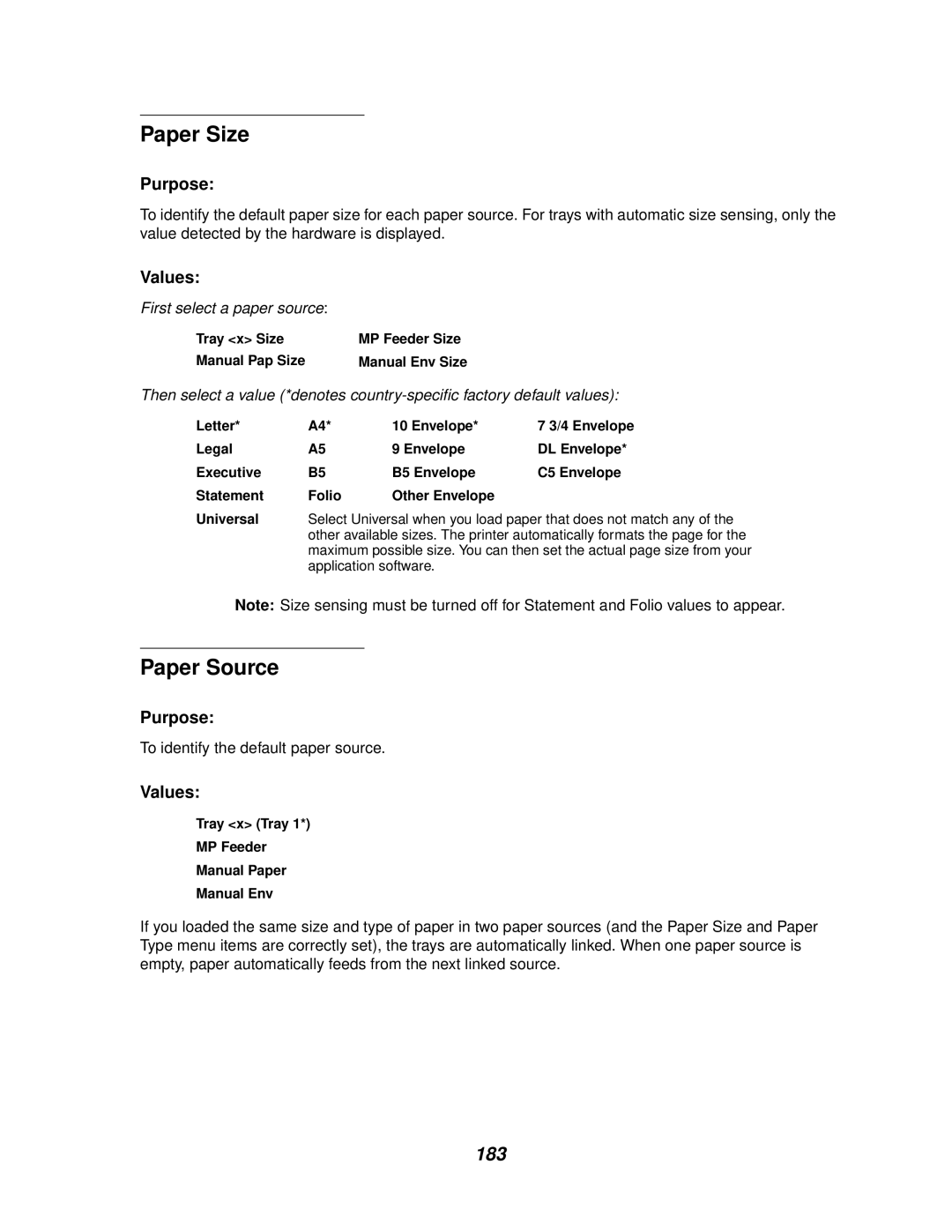 IBM 1220 manual Paper Size, Paper Source, 183, Tray x Size MP Feeder Size Manual Pap Size Manual Env Size 