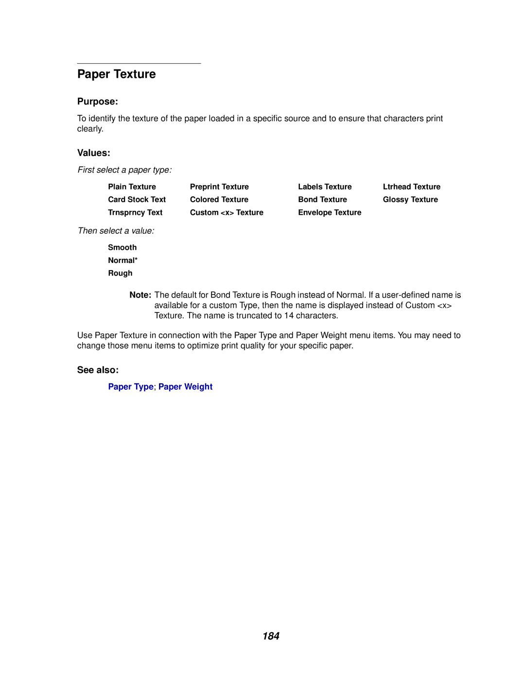 IBM 1220 manual Paper Texture, 184, Plain Texture Preprint Texture Labels Texture, Smooth Normal Rough 