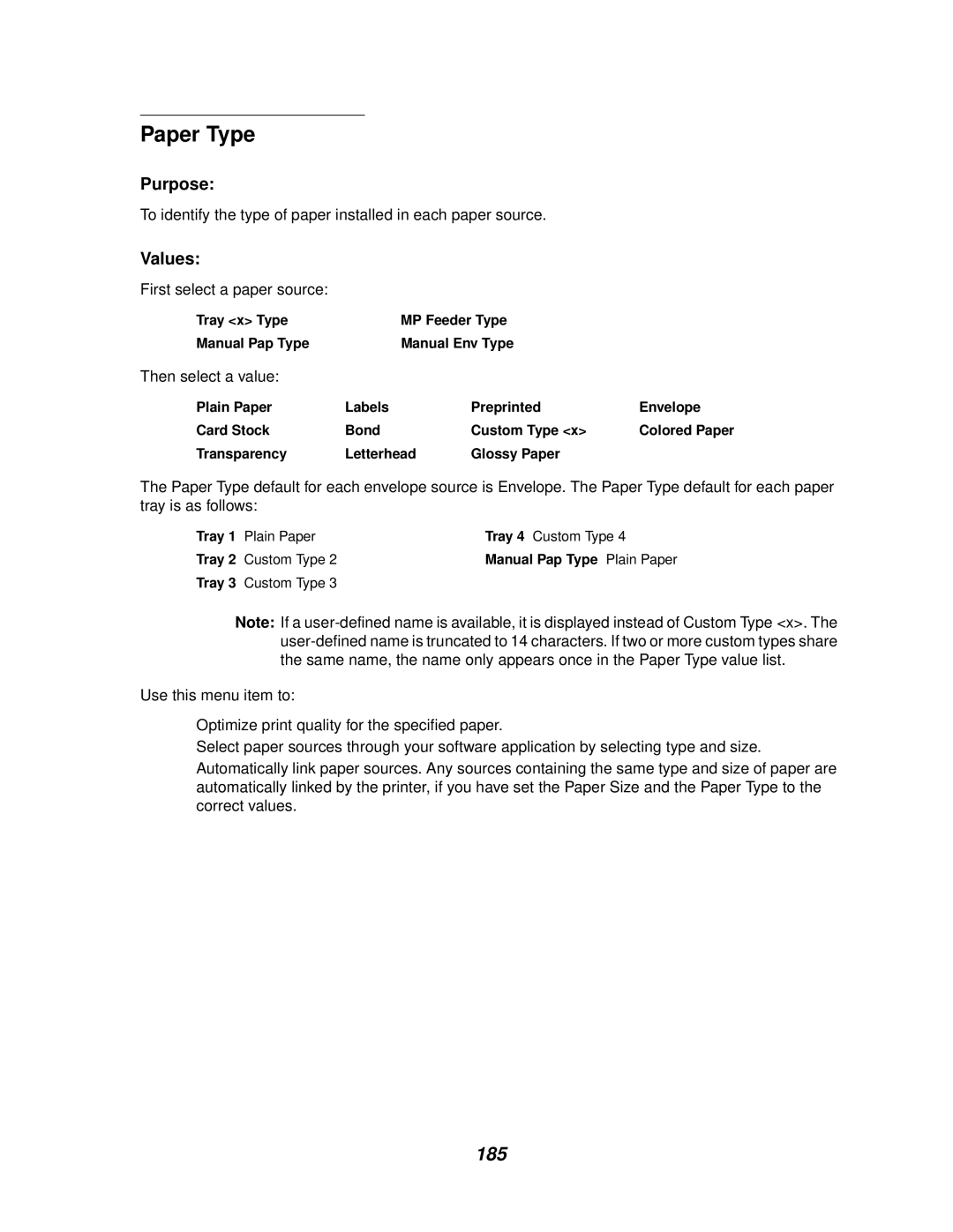 IBM 1220 manual Paper Type, 185, Tray x Type MP Feeder Type Manual Pap Type Manual Env Type, Tray 3-Custom Type 