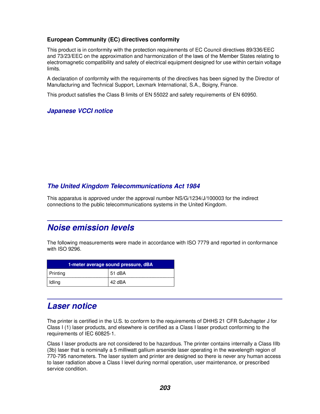 IBM 1220 manual Noise emission levels, Laser notice, 203 