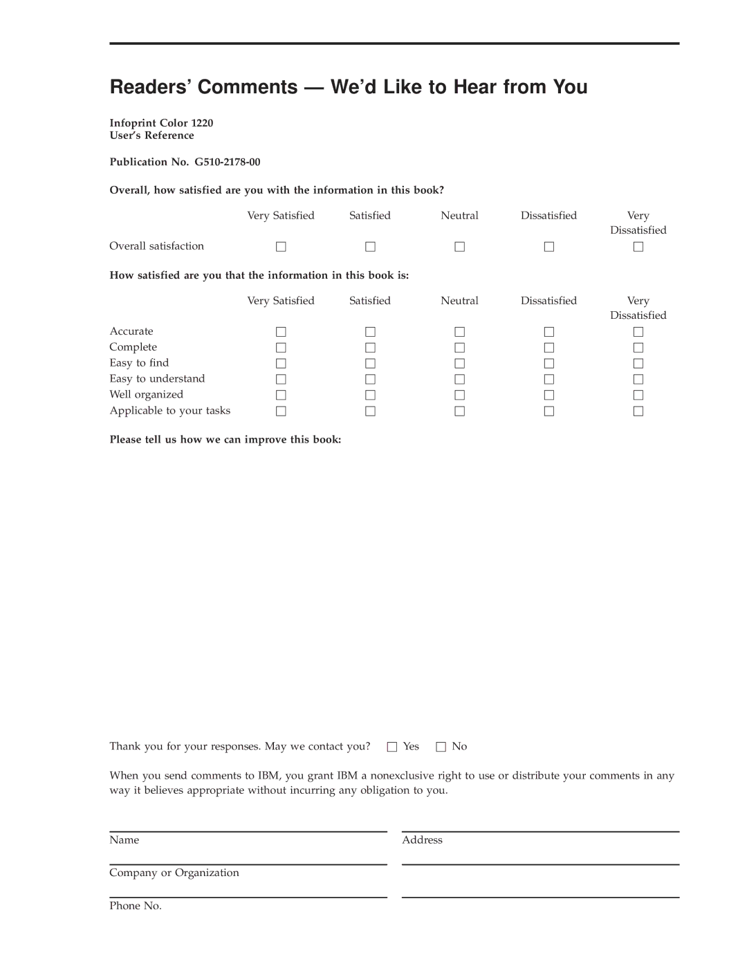 IBM 1220 manual Readers Comments Ð Wed Like to Hear from You 