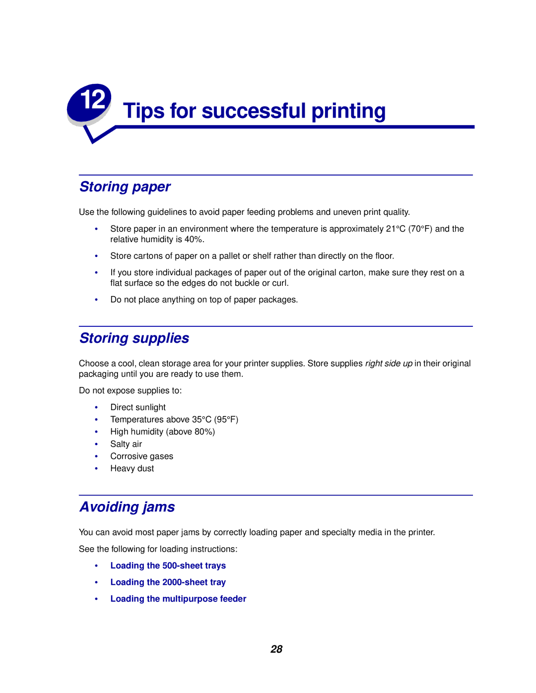 IBM 1220 manual Tips for successful printing, Storing paper, Storing supplies, Avoiding jams 