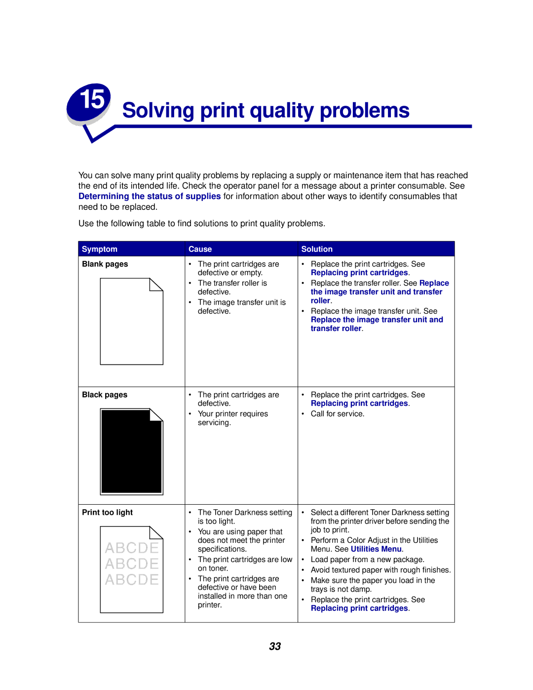 IBM 1220 manual Solving print quality problems, Blank pages, Black pages, Print too light 