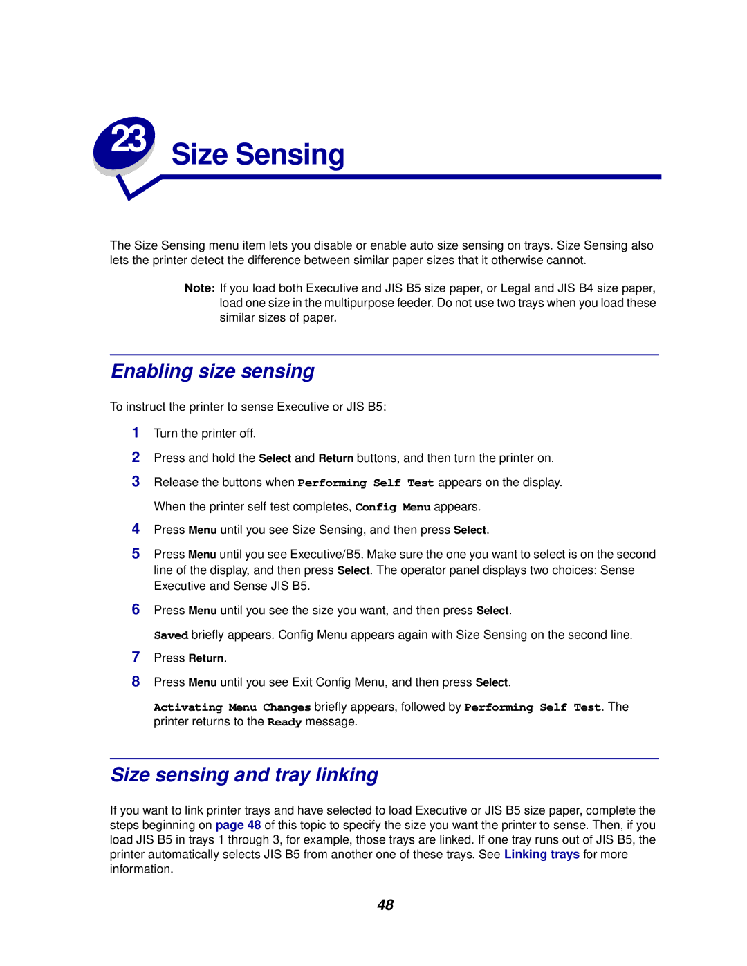 IBM 1220 manual Size Sensing, Enabling size sensing, Size sensing and tray linking 