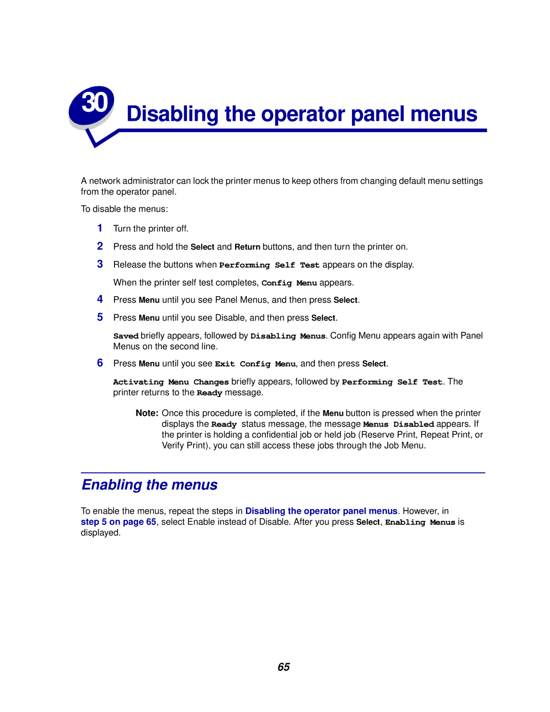 IBM 1220 manual Disabling the operator panel menus, Enabling the menus 