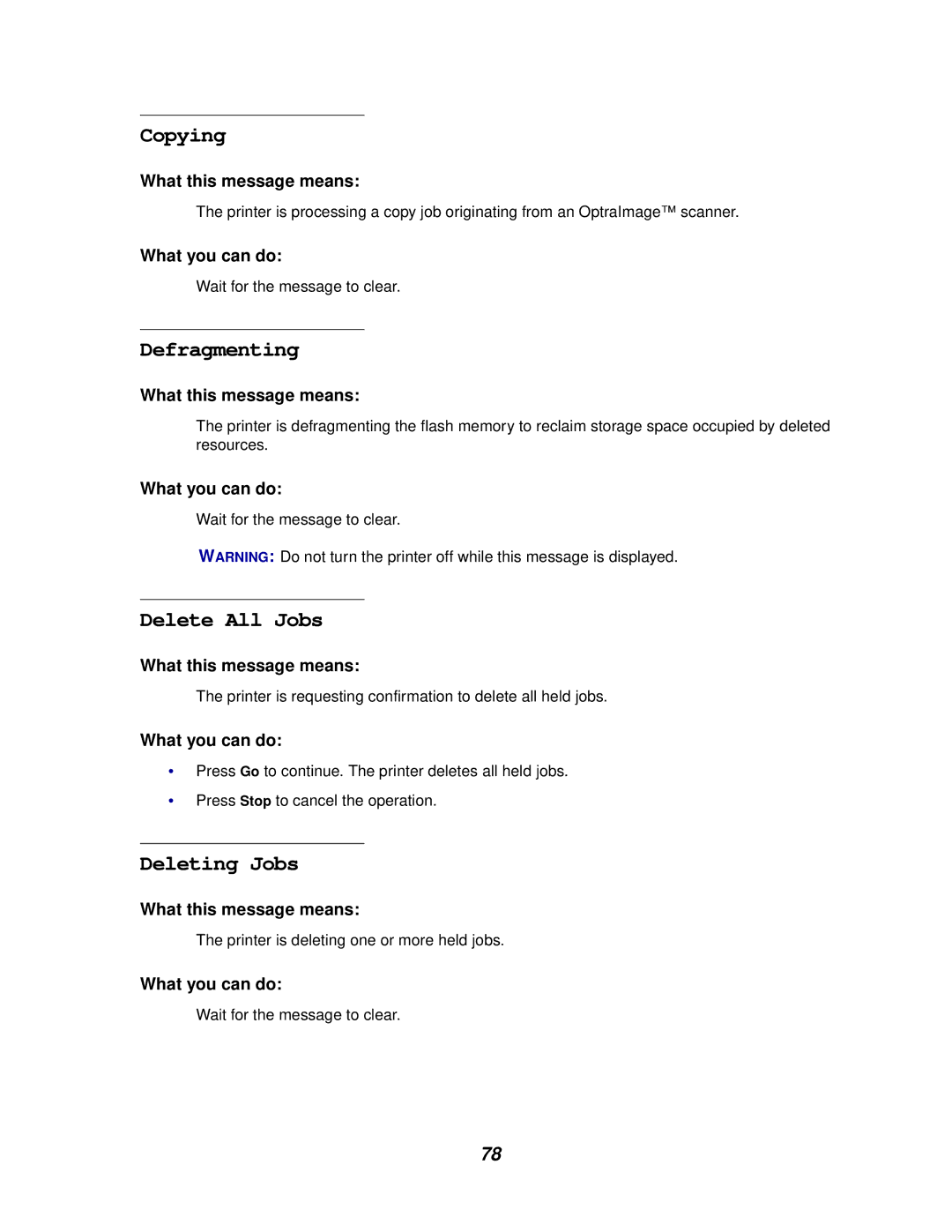 IBM 1220 manual Copying, Defragmenting, Delete All Jobs, Deleting Jobs 