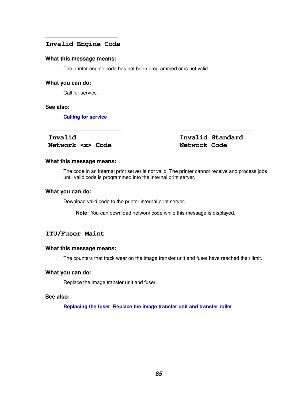 IBM 1220 manual Invalid Engine Code, Network x Code, ITU/Fuser Maint 