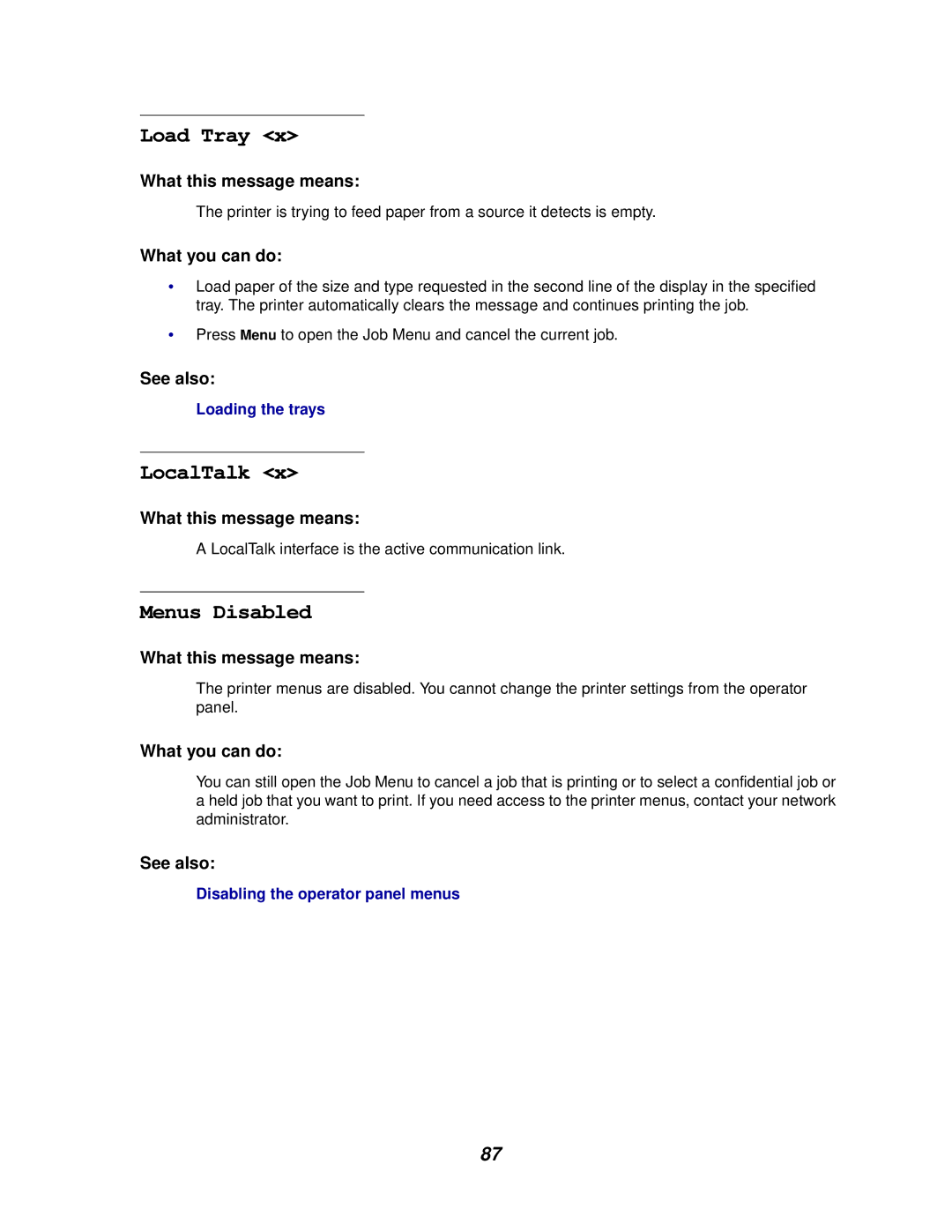 IBM 1220 manual Load Tray, LocalTalk, Menus Disabled 