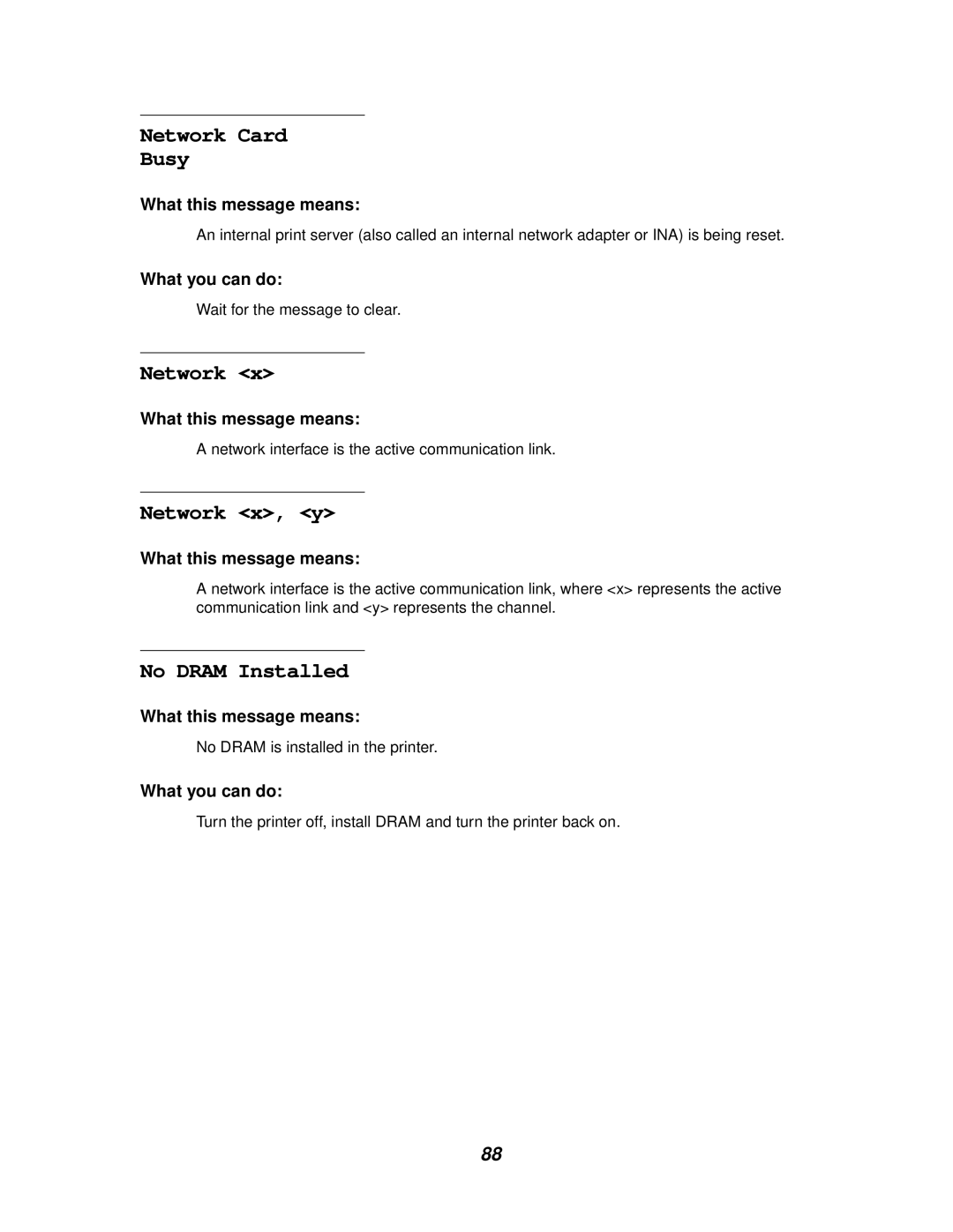 IBM 1220 manual Network Card Busy, Network x, y, No Dram Installed 