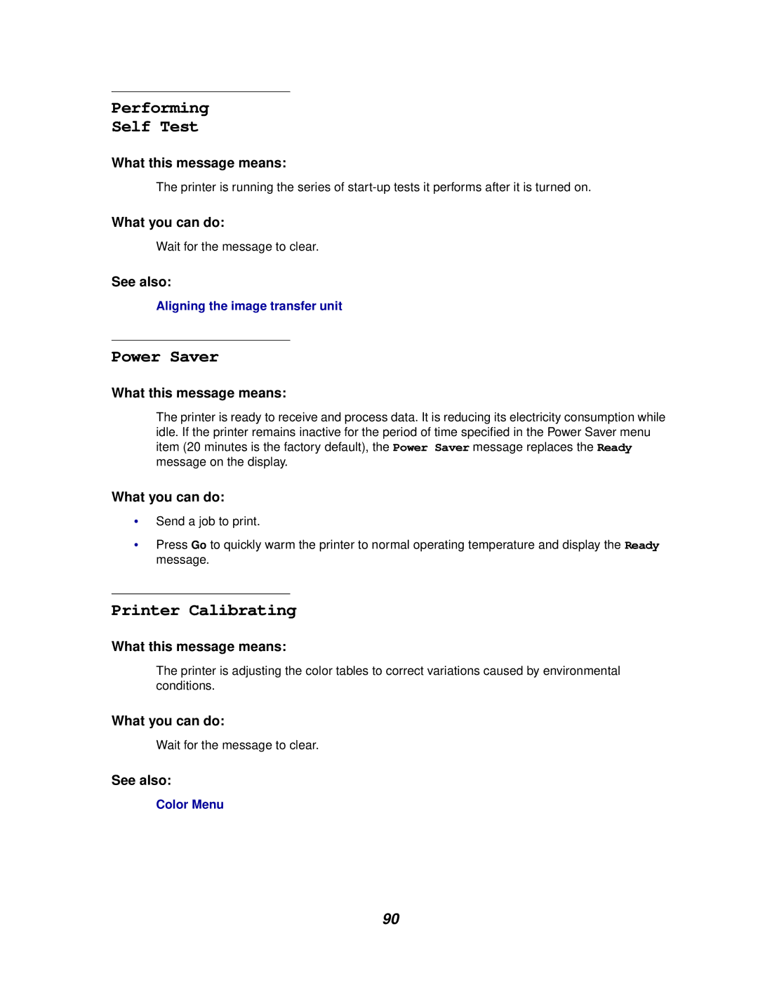 IBM 1220 manual Performing Self Test, Power Saver, Printer Calibrating 