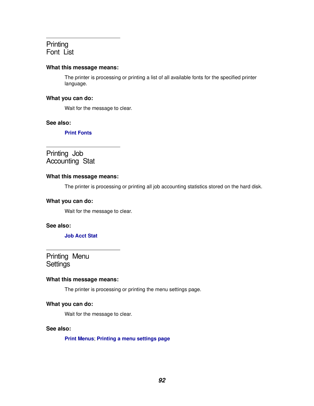 IBM 1220 manual Printing Font List, Printing Job Accounting Stat, Printing Menu Settings 