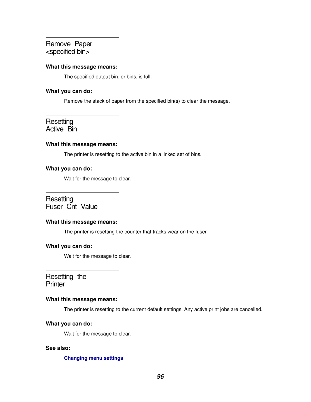 IBM 1220 manual Resetting Active Bin, Resetting Fuser Cnt Value, Resetting Printer 