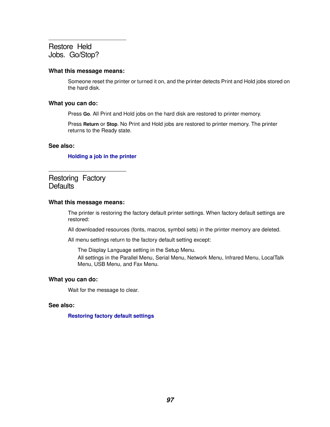 IBM 1220 manual Restore Held Jobs. Go/Stop?, Restoring Factory Defaults 