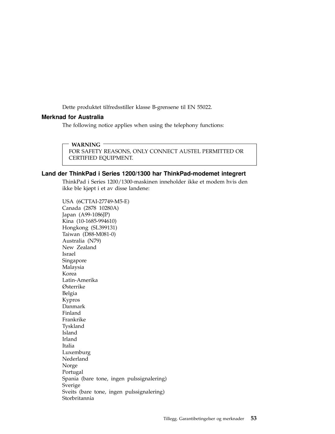 IBM 1200, 1300 manual Merknad for Australia 